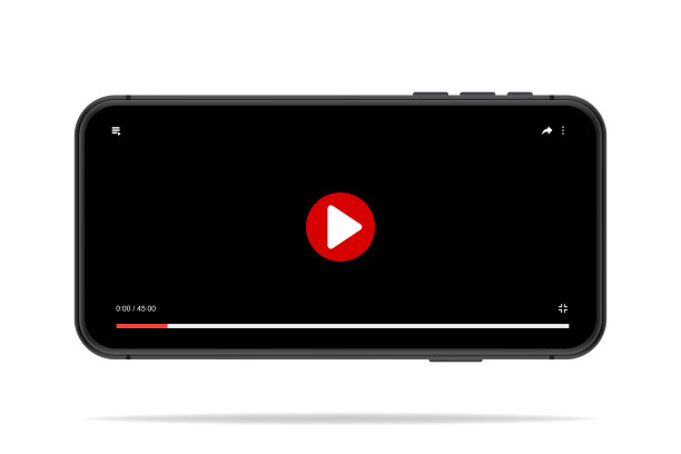 为移动的视频播放器模板，黑色屏幕与红色圆形按钮和时间轴。管在线窗口。智能手机视频播放器模拟。矢量插图在3d风格。图片下载