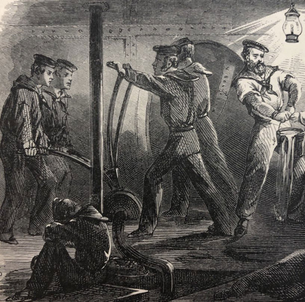 古董插图-水手手动操作一艘帆船上的抽水和抽水装置图片下载