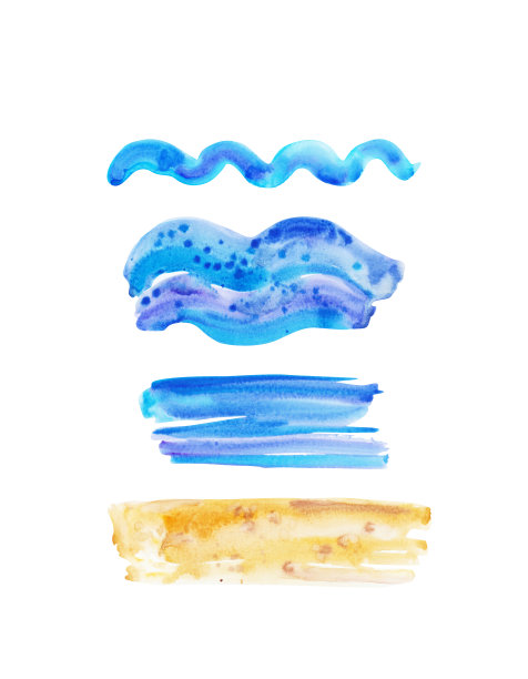 手绘水彩画海洋水下动物集。孩子们画鲸鱼，鱼，波浪，大海和沙子的纹理图片下载