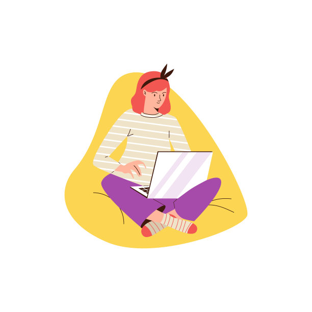 女人坐在舒适的椅子上用笔记本电脑，平面矢量插图孤立。图片下载