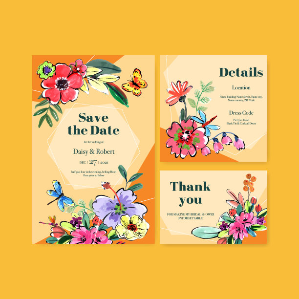 婚礼卡片模板与刷花概念图片下载