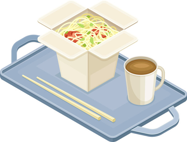 托盘里有纸盒里的面条和咖啡图片下载