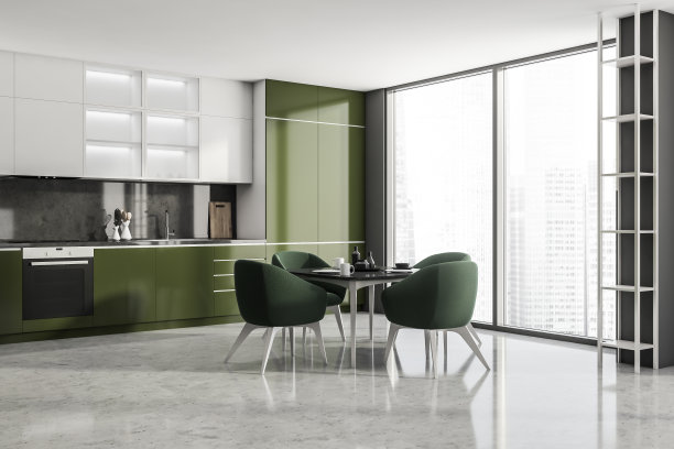 现代厨房室内在摩天大楼，亚洲大城市。高层的豪华公寓。图片下载