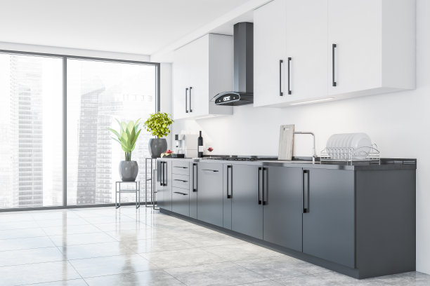 全景城市内部角落与厨房，白色，灰色图片下载