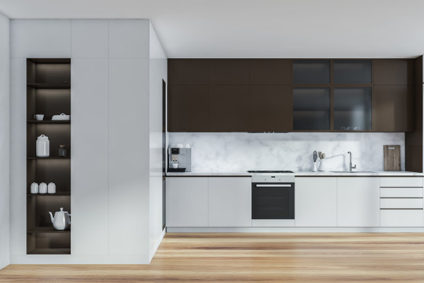 现代厨房室内。高层的豪华公寓。图片下载