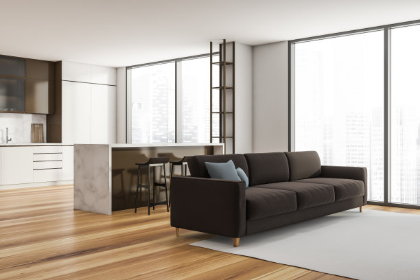 现代客厅餐厅内部摩天大楼，亚洲大城市。高层的豪华公寓。图片下载