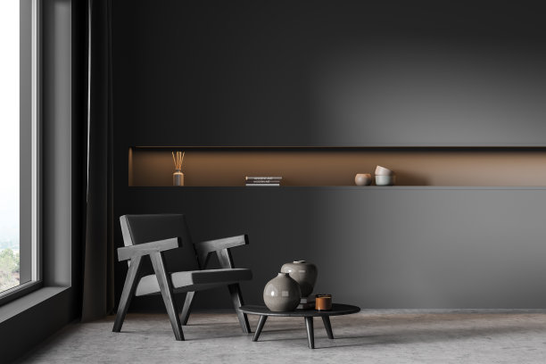 房间有灰色的墙壁，壁龛，全景窗和扶手椅图片下载