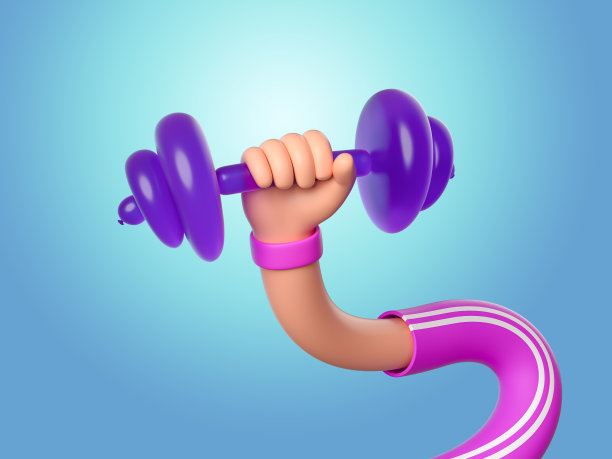 3d渲染，抽象的现代健身概念，卡通人物灵活的无骨手握气球重量，物体隔离在蓝色背景上。超现实主义的剪贴画图片下载
