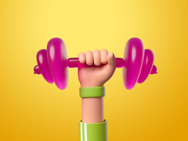 3d渲染，抽象的现代健身概念，卡通人物灵活的无骨手握气球重量，物体隔离在黄色背景上。超现实主义的剪贴画图片下载