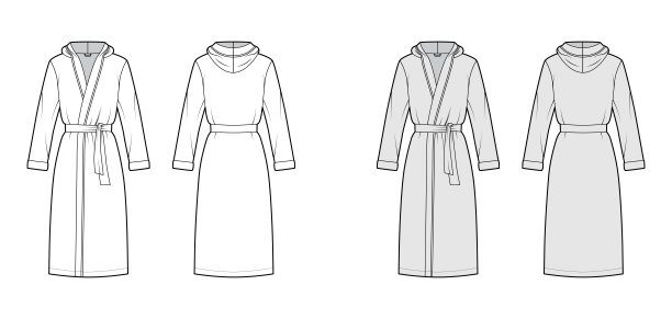 浴袍连帽睡袍技术时尚插图，包开，膝盖长，领带，口袋，长袖图片下载