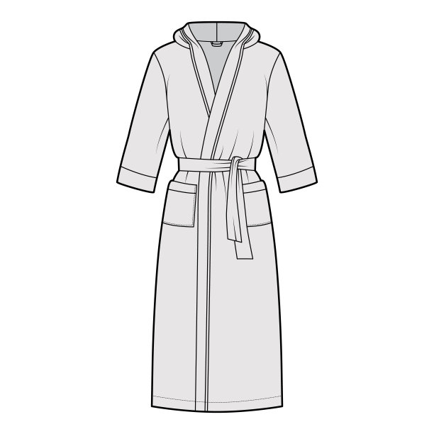 浴袍连帽睡袍技术时尚插图，包开，膝盖长度，领带，口袋，肘袖图片下载