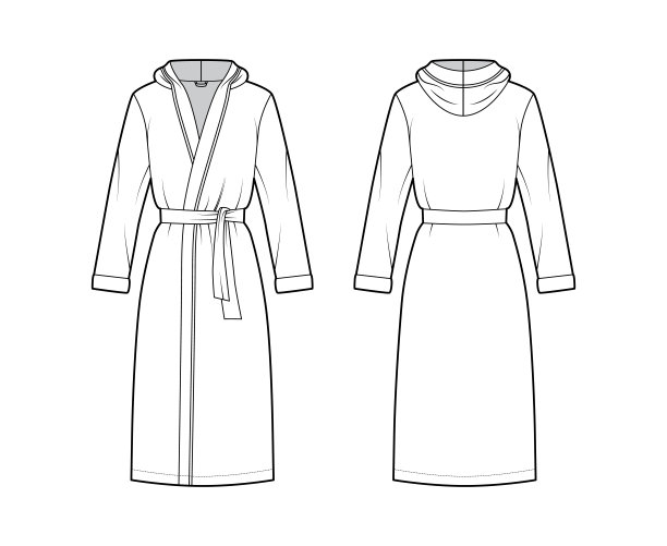 浴袍连帽睡袍技术时尚插图，包开，膝盖长，领带，口袋，长袖图片下载
