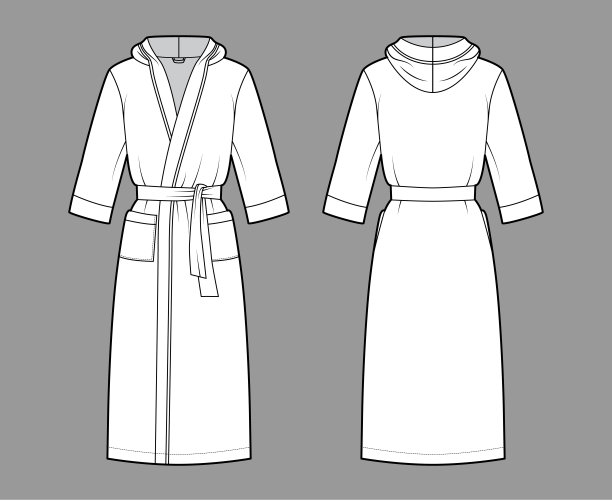 浴袍连帽睡袍技术时尚插图，包开，膝盖长度，领带，口袋，肘袖图片下载