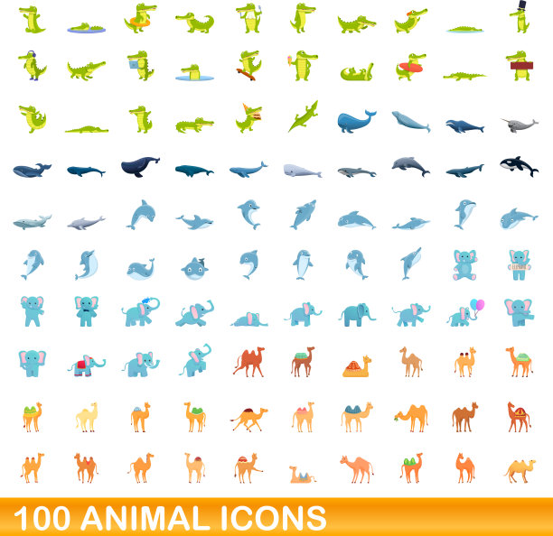 100个动物图标设定卡通风格图片下载