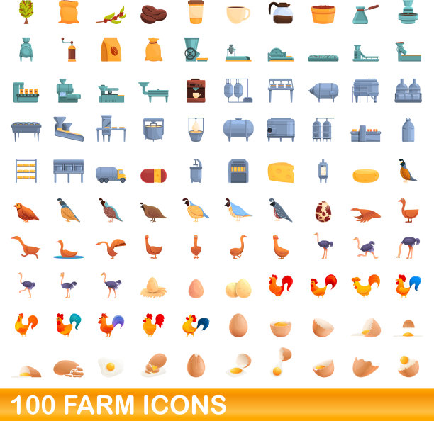 100个农场图标设置卡通风格图片下载