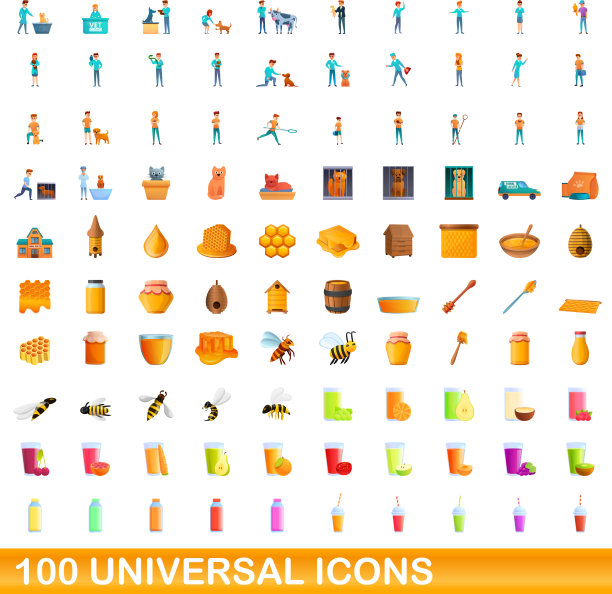 100个通用图标设定卡通风格图片下载