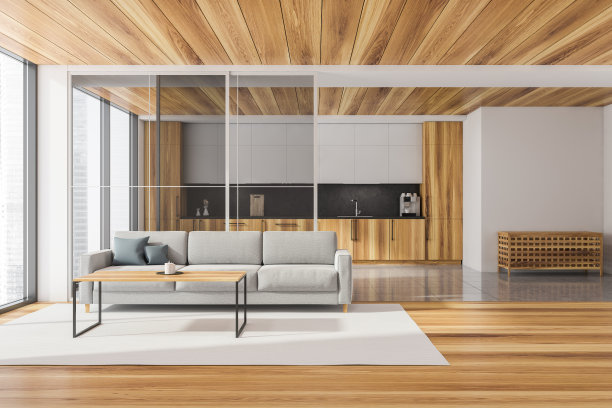 正面的客厅木制涂料，厨房，灰色沙发图片下载