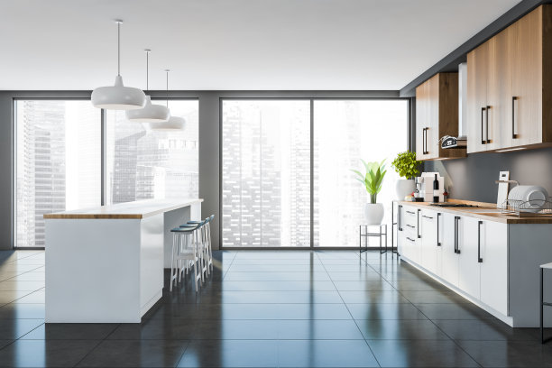 全景厨房区域的侧视图，配有木制和白色的橱柜图片下载