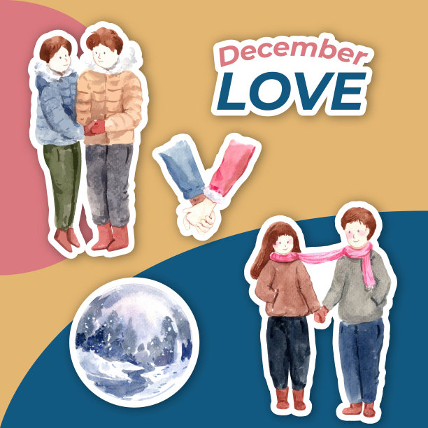 贴纸模板与冬季爱的概念设计图片下载