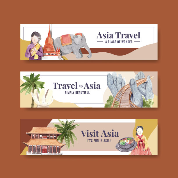 旗帜模板与亚洲旅游概念设计图片下载