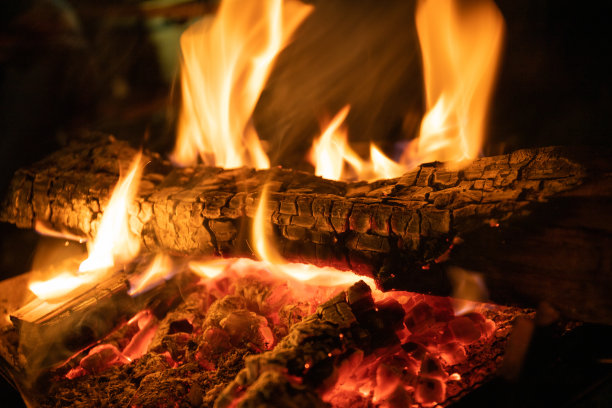 营火上燃烧着火苗和柴火图片下载