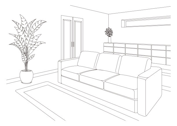 客厅线绘制矢量插图。图片下载