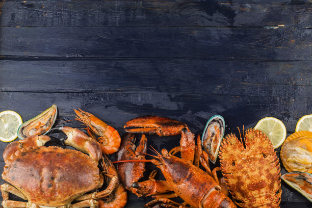 海鲜晚餐，以新鲜的龙虾、螃蟹、贻贝、牡蛎为背景图片下载