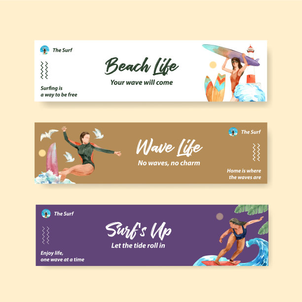 横幅模板与冲浪板在海滩设计图片下载
