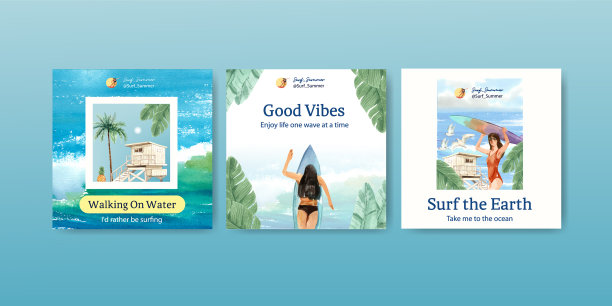 广告模板与冲浪板在海滩设计图片下载