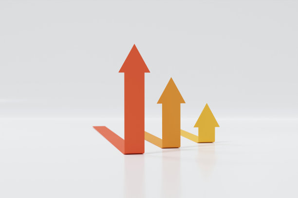 红色，橙色和黄色箭头增加移动。抽象的财务图表与上升趋势线箭头图形向上孤立的白色背景图片下载