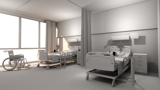 有床的病房。空床和轮椅护理诊所或医院。3d渲染房间和舒适。现代医院，保健理念。图片下载
