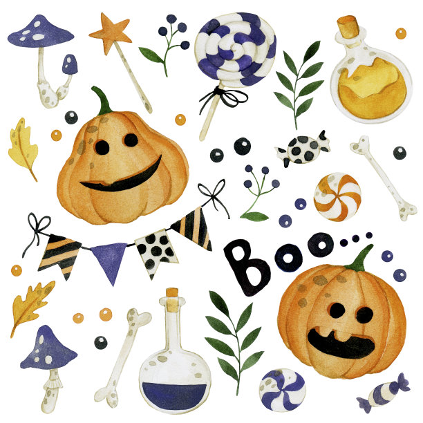 水彩画，集合，剪贴画的主题万圣节。在白色背景下孤立可爱的南瓜、旗帜、糖果、蘑菇。儿童用品图片下载