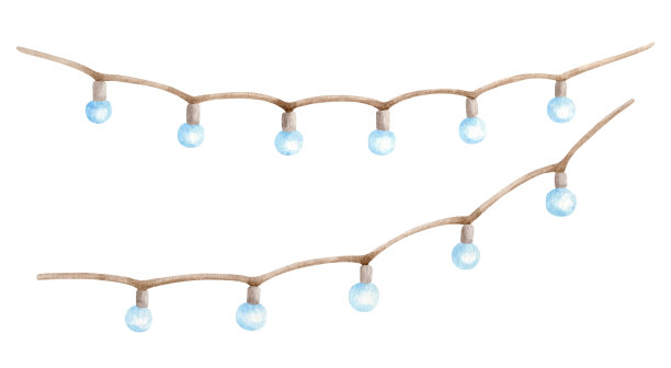 水彩灯花环。手绘吊灯装饰孤立在白色上。系在绳子上的舒适玻璃灯泡，用于圣诞节、生日派对、婚礼、家庭和花园。图片下载