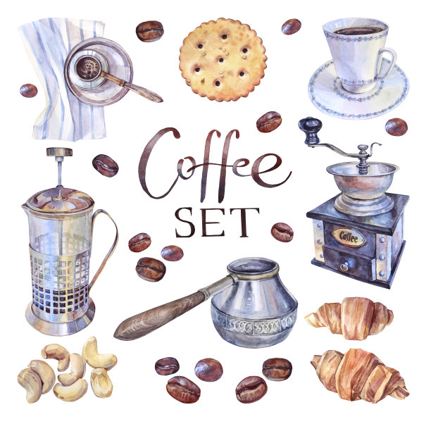 水彩设置旧咖啡研磨机，法式压香饮料，杯与茶托，咖啡豆，牛角蛋糕，腰果，饼干孤立在白色背景。早上好，喝咖啡图片下载