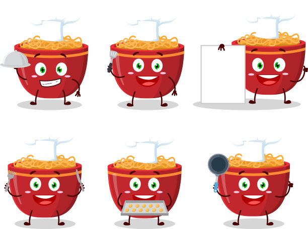 带有各种厨师表情符号的卡通碗面图片下载