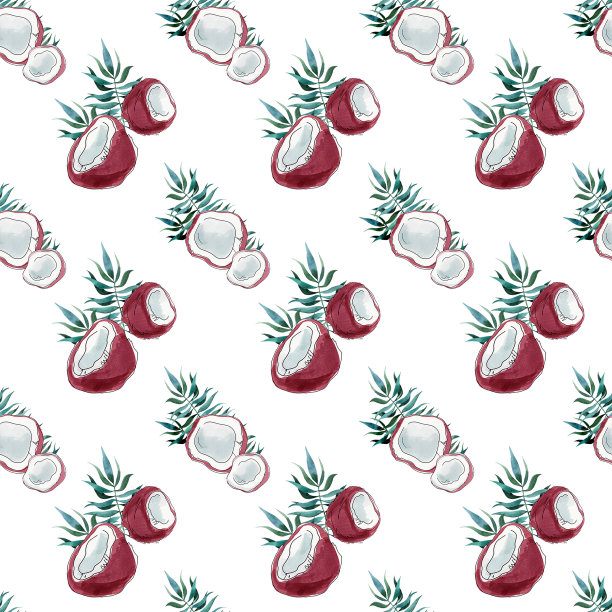 无缝图案与椰子和棕榈叶。半椰子。图片下载