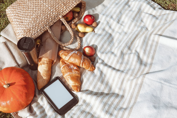 秋天阳光灿烂的日子，在河边海滩野餐图片下载