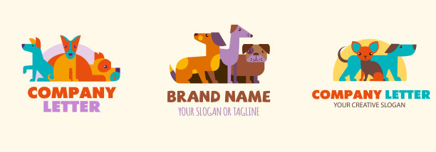 为宠物商店、兽医诊所和动物收容所设计的载体模板。向量集模板与不同的狗。图片下载