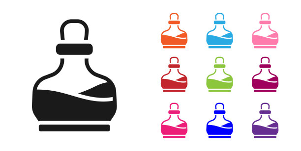 黑色瓶子与药水图标隔离在白色图片下载