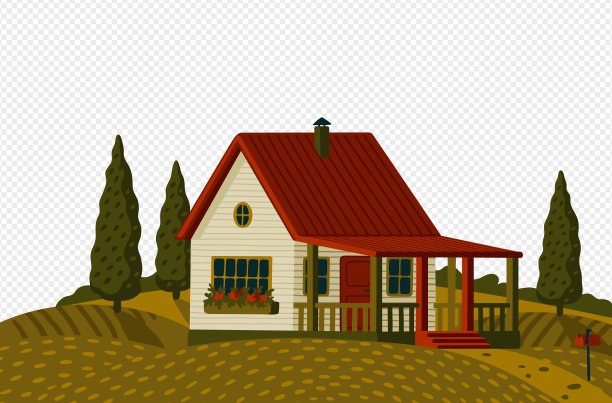 乡村景观。乡村景观与乡村风格的白色郊区房子在绿色的田野与柏树图片下载