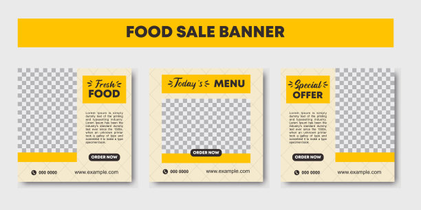 美食烹饪社交媒体贴集合与照片空间。设定时尚的最小方形旗帜模板为您的食品业务或推广。适用于社交媒体、传单和网络广告图片下载