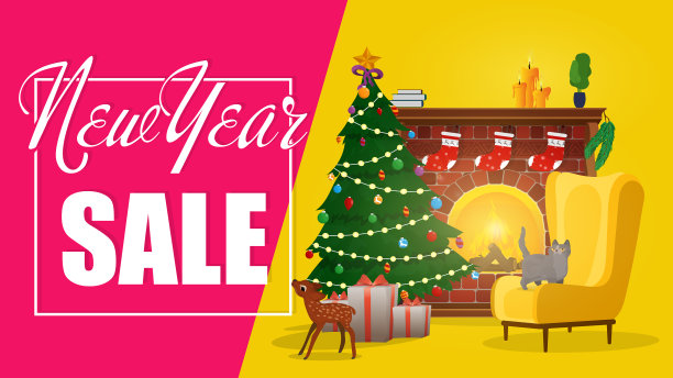 横幅新年出售圣诞树壁炉图片下载