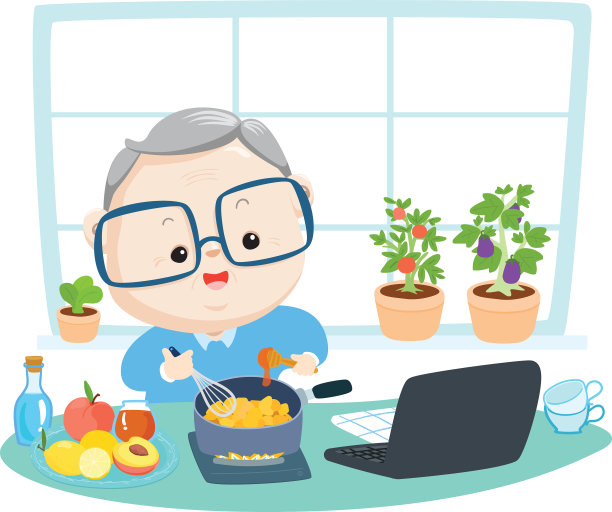 快乐的爷爷正在厨房里做饭图片下载