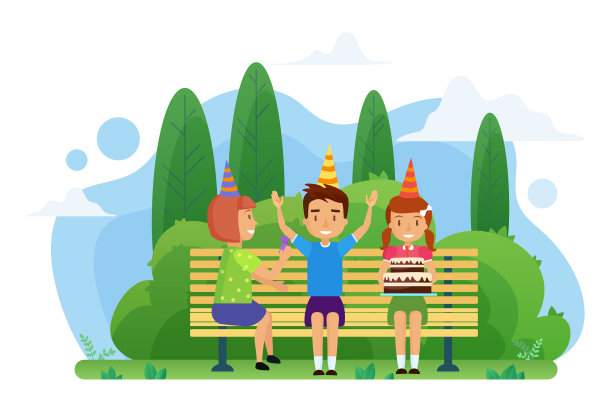 孩子们在公园的长椅上庆祝生日图片下载