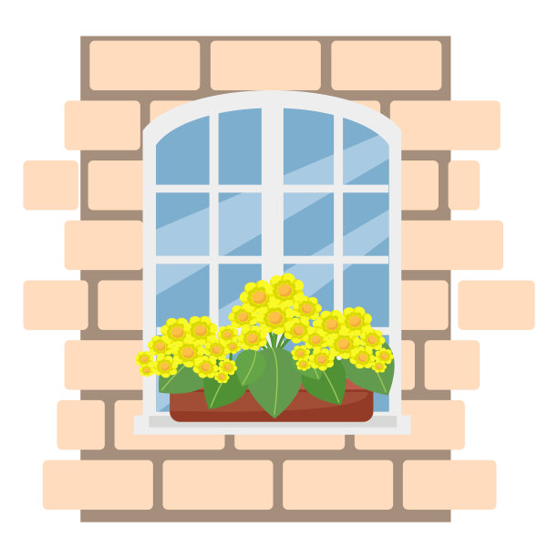 窗户砖墙上有黄色花朵的盒子图片下载