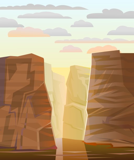 落基山峡谷。石岩石景观。河与反思。高耸的山峰和悬崖。天空的云。说明向量图片下载