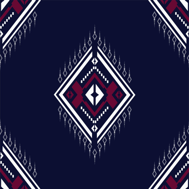 无缝几何民族纹理刺绣三角形在深蓝色背景使用在时尚和墙纸，裙子，地毯，包装，蜡染，织物，床单与红色和白色三角形纹理矢量，插图。jpg图片下载