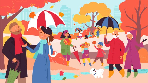 在秋天的公园里散步。现代夫妇，秋天的森林人和孩子在黄叶中跳跃。卡通城市十一月体面的向量景观图片下载