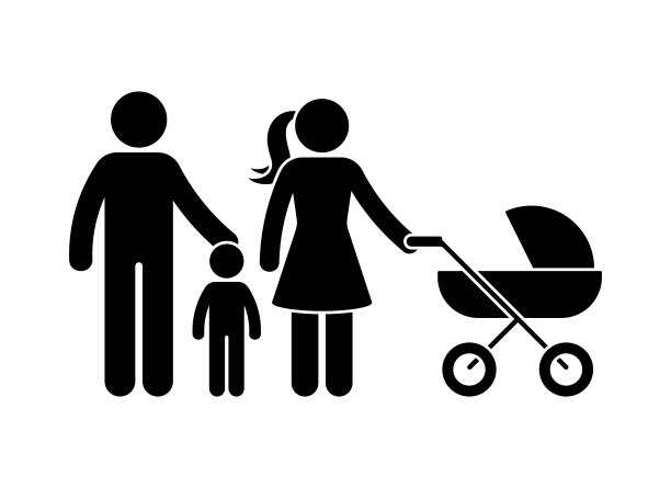 年轻的简笔人物家庭站前视图矢量图标插图集。父亲，儿子，母亲与婴儿车贴纸剪影象形文字在白色背景图片下载