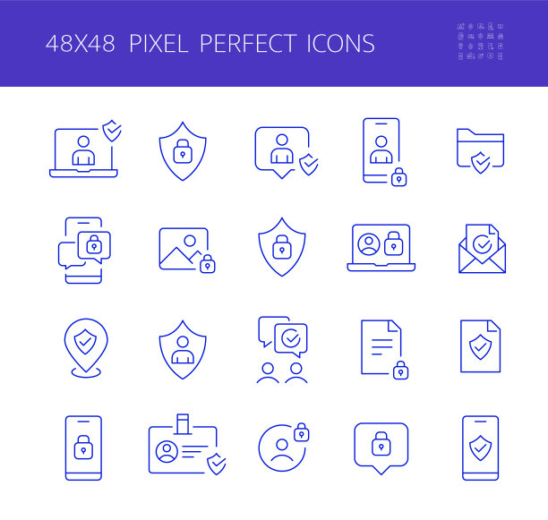 网络安全图标集。个人资料保护，身份验证等。像素完美，可编辑的笔触图片下载